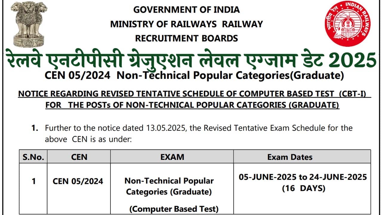 Railway NTPC Graduate level Exam Date 2025