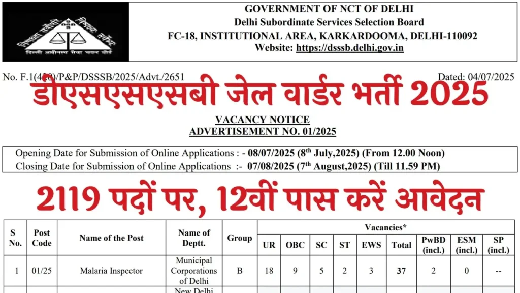 DSSSB Jail Warder Recruitment 2025