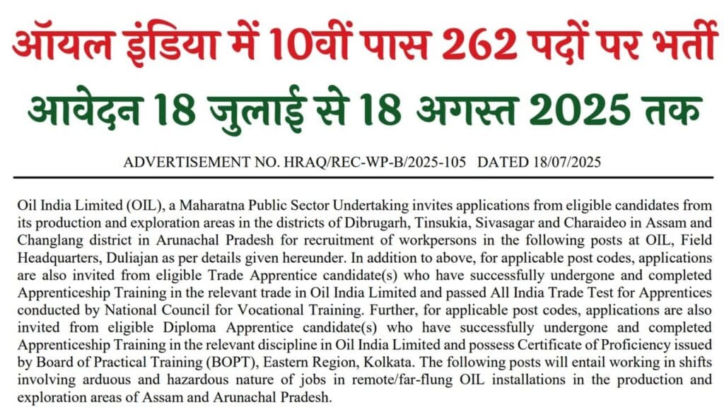 OIL India Workpersons Recruitment 2025