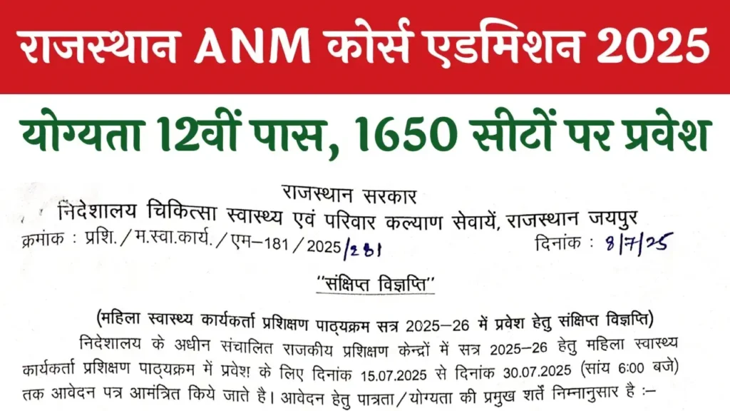 Rajasthan ANM Admission Form 2025